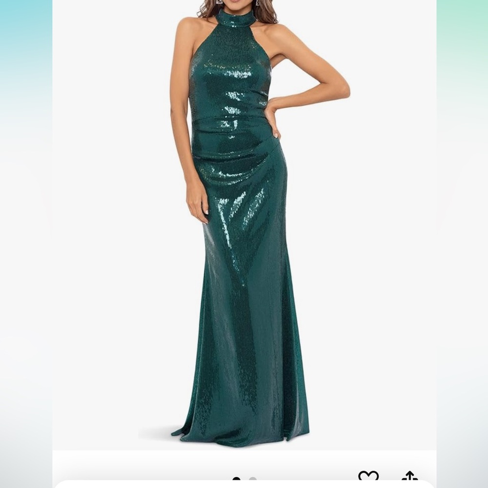 Emerald green halter style long dress.